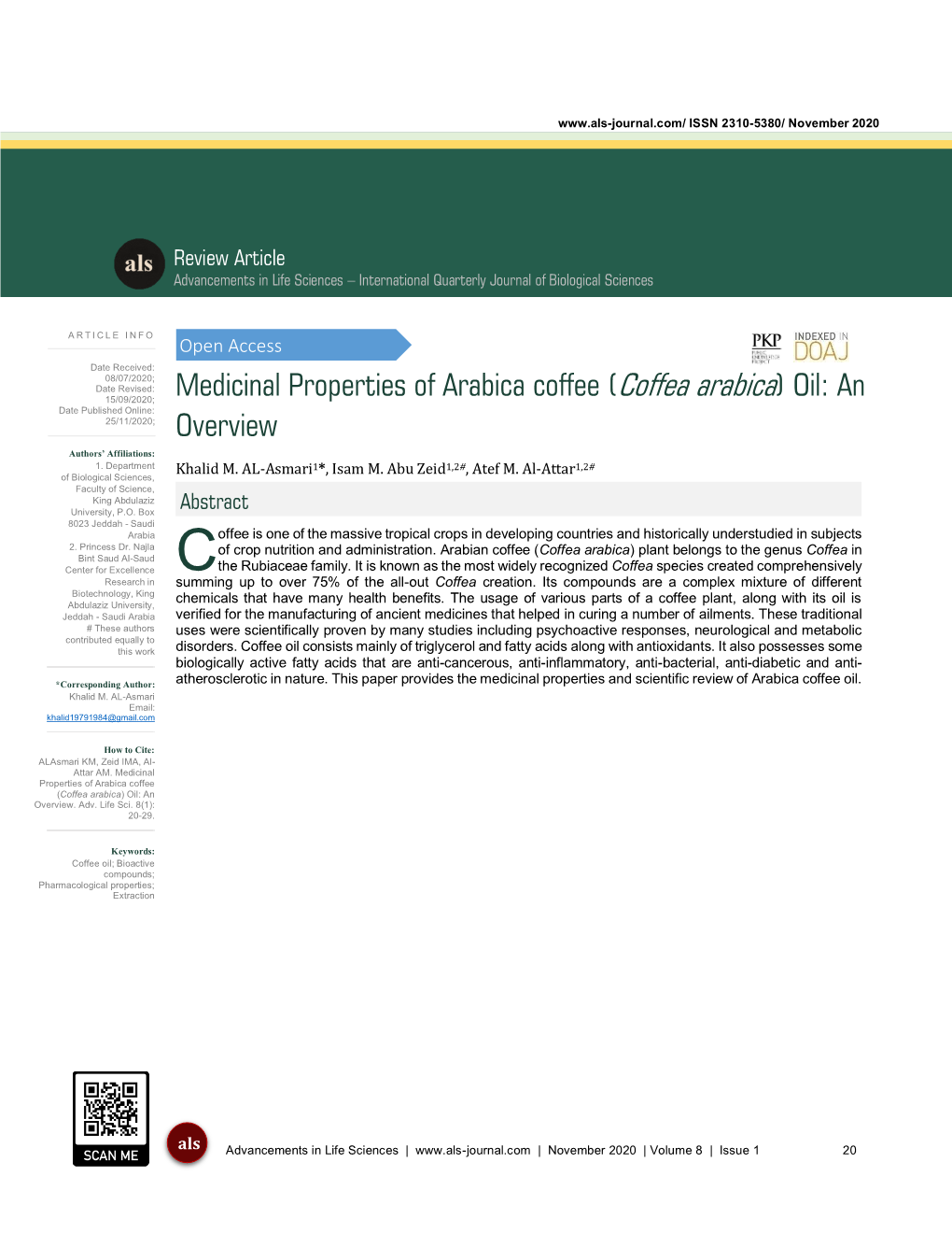Medicinal Properties of Arabica Coffee (Coffea Arabica) Oil: an Date Published Online: 25/11/2020; Overview