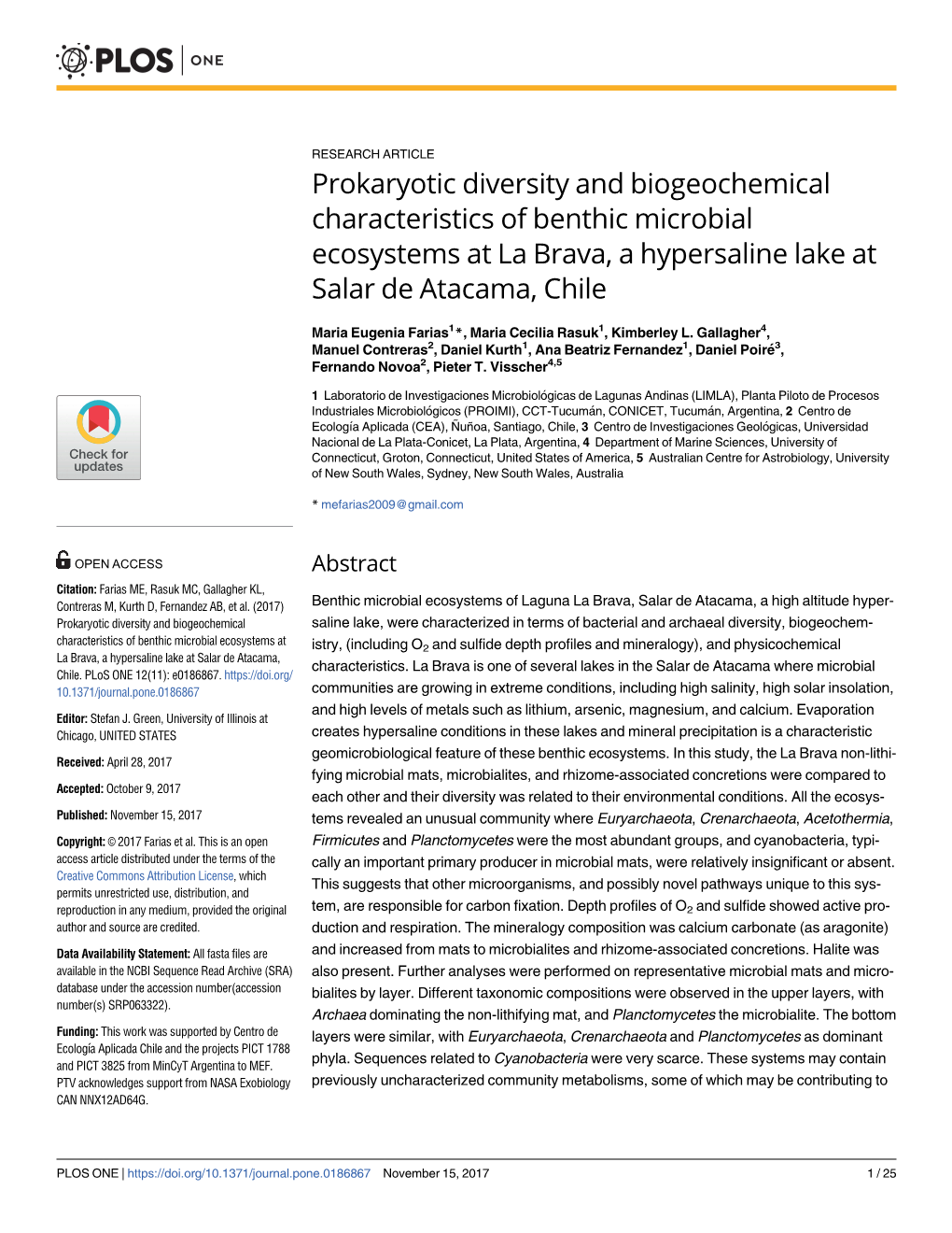 Prokaryotic Diversity and Biogeochemical Characteristics of Benthic Microbial Ecosystems at La Brava, a Hypersaline Lake at Salar De Atacama, Chile