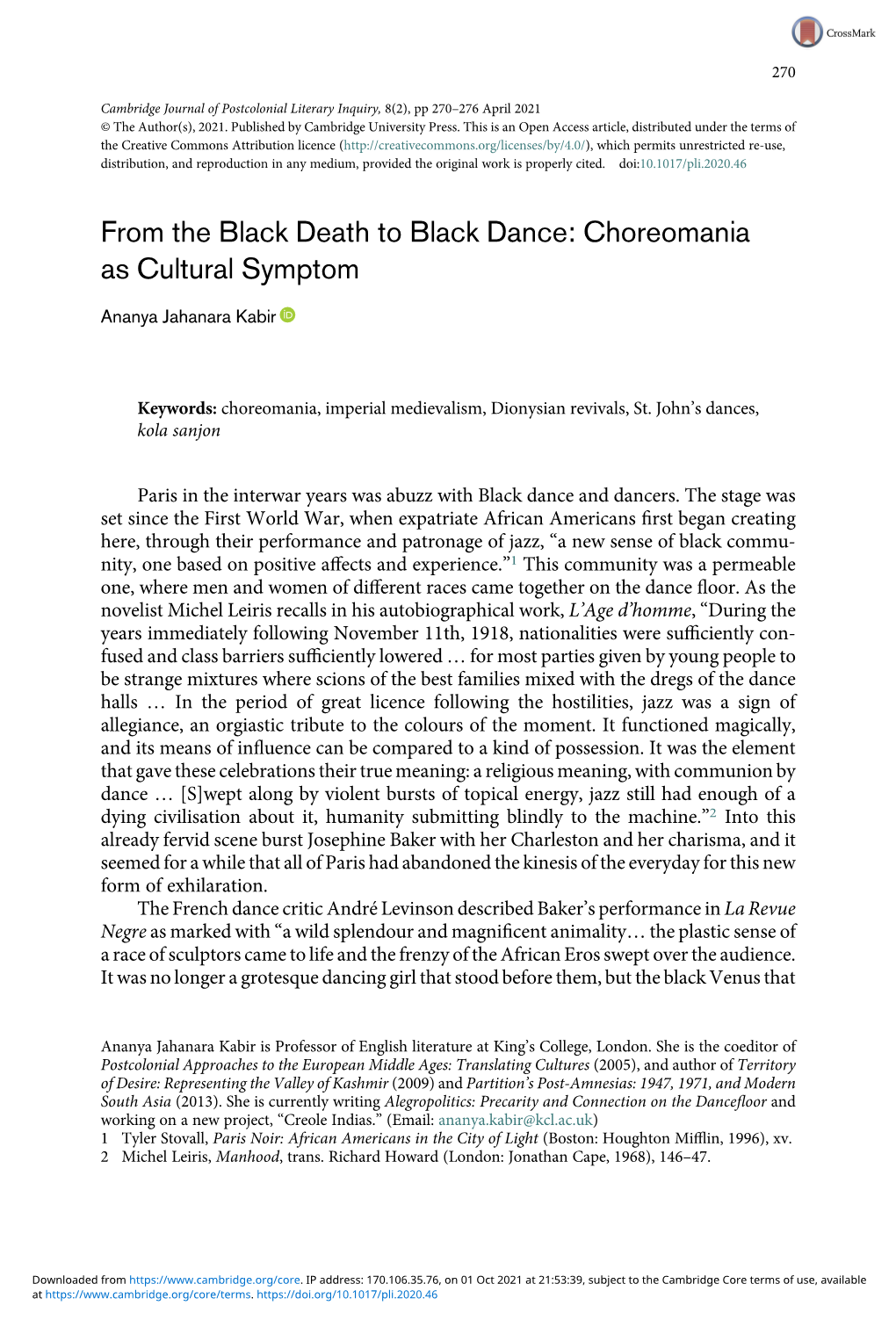 From the Black Death to Black Dance: Choreomania As Cultural Symptom