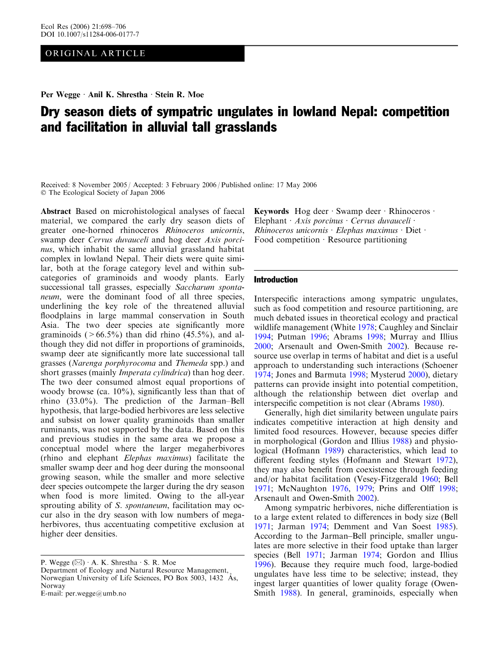 Dry Season Diets of Sympatric Ungulates in Lowland Nepal: Competition and Facilitation in Alluvial Tall Grasslands