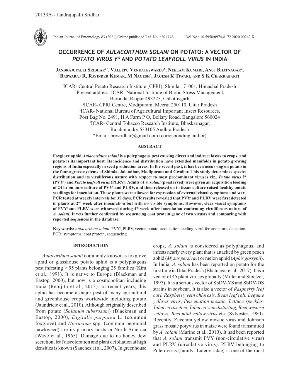 Occurrence of Aulacorthum Solani on Potato: a Vector of Potato Virus Yo and Potato Leafroll Virus in India