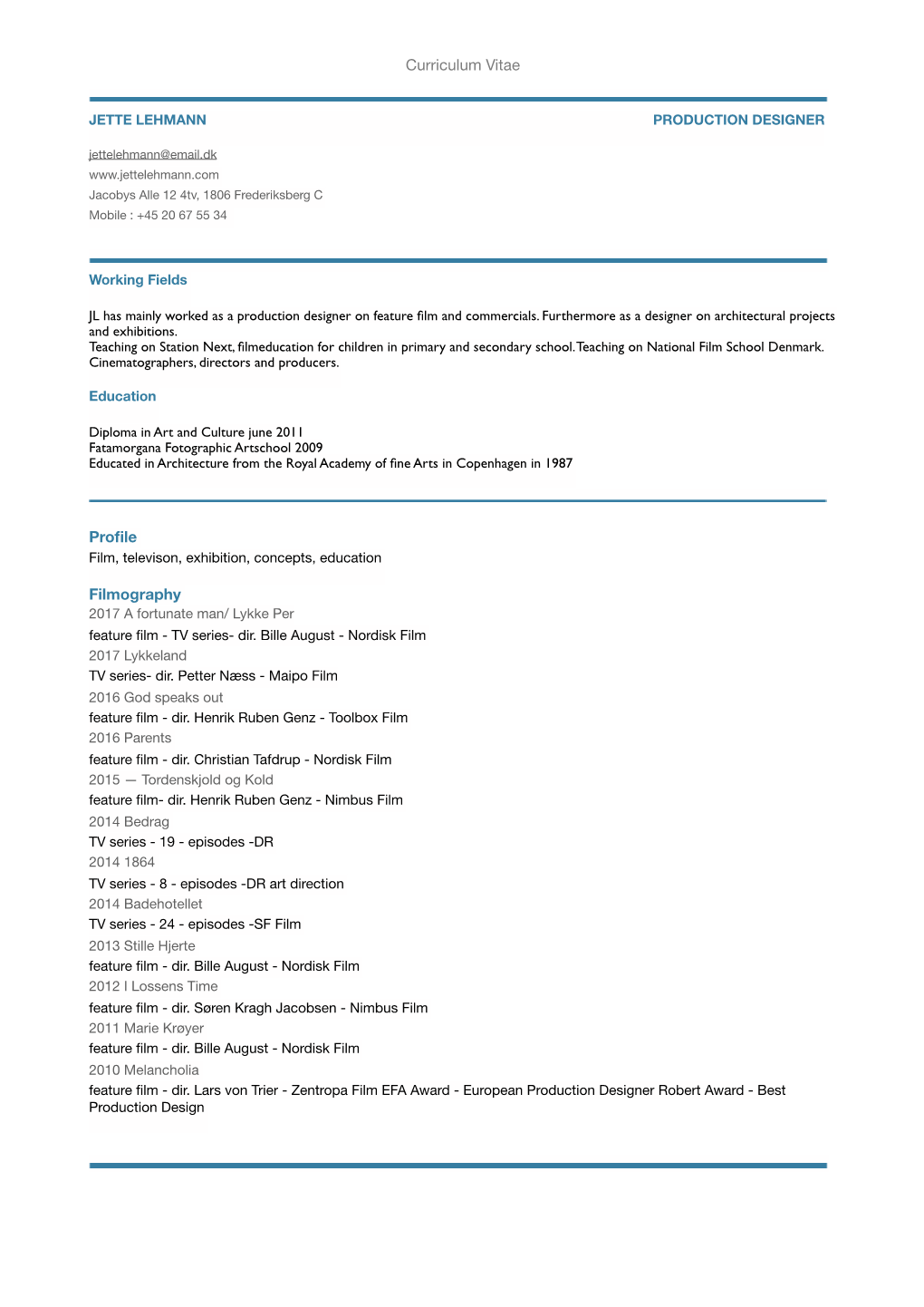 Curriculum Vitae Profile Filmography