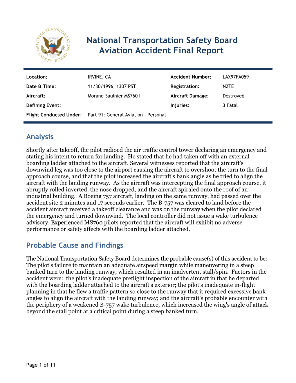 National Transportation Safety Board Aviation Accident Final Report