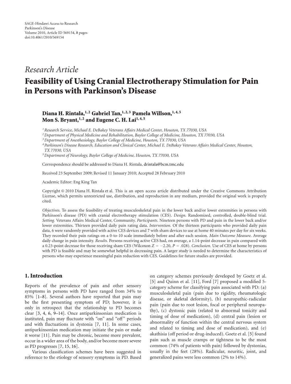 Feasibility of Using Cranial Electrotherapy Stimulation for Pain in Persons with Parkinson’S Disease