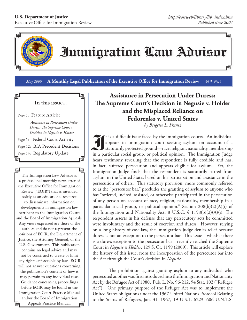 May 2009 a Monthly Legal Publication of the Executive Office for Immigration Review Vol 3