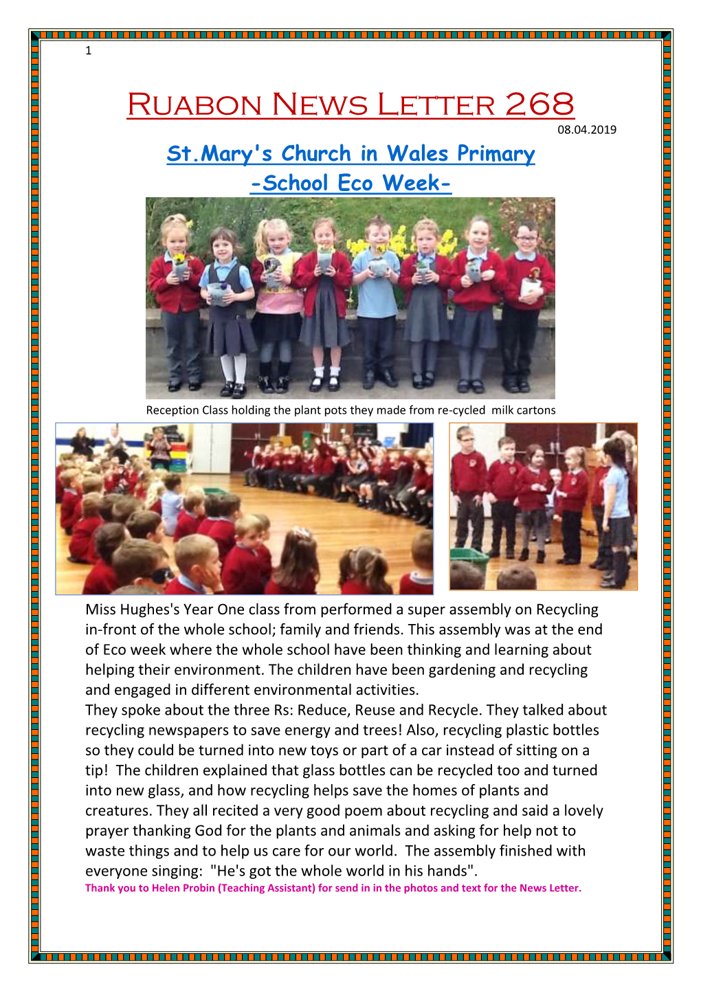 Ruabon News Letter 268 08.04.2019 St.Mary's Church in Wales Primary -School Eco Week