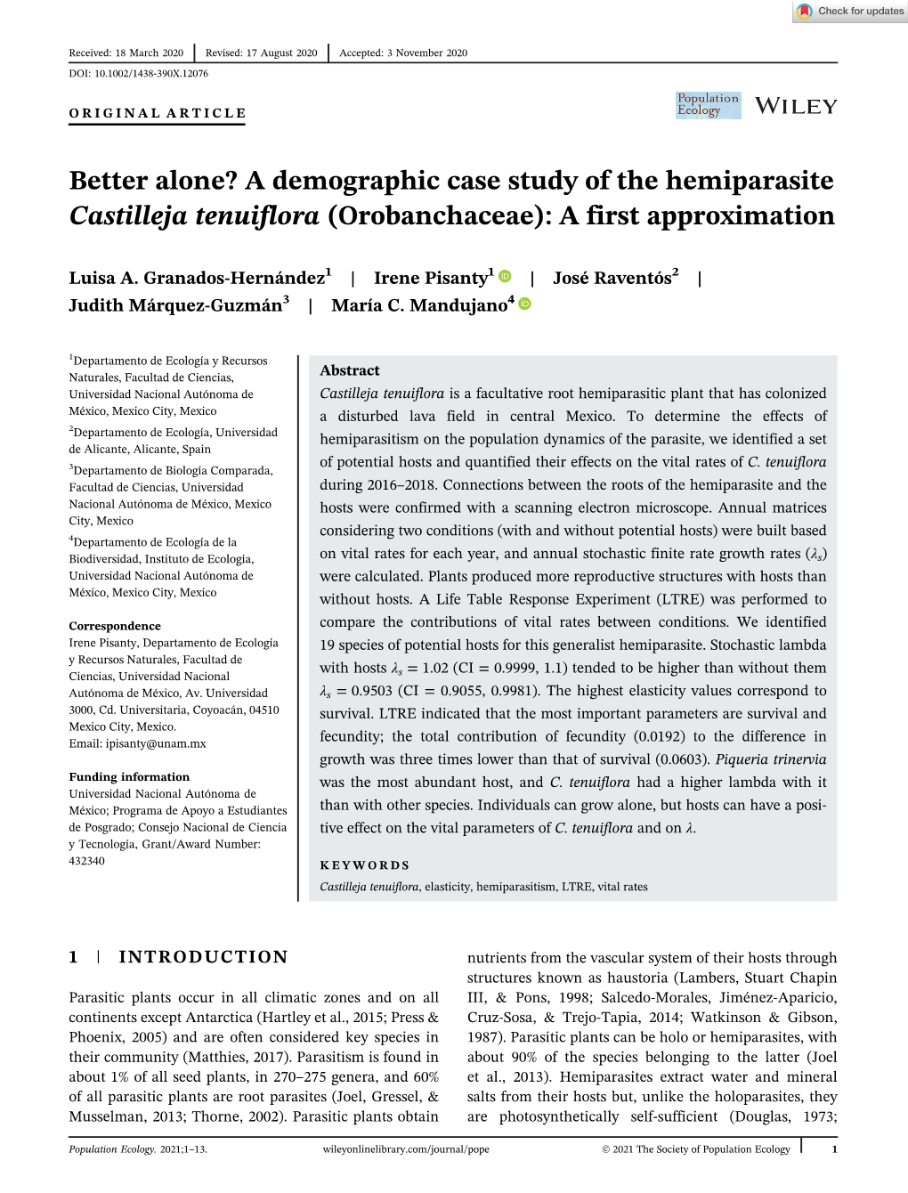 Better Alone? a Demographic Case Study of the Hemiparasite Castilleja Tenuiflora (Orobanchaceae): a First Approximation