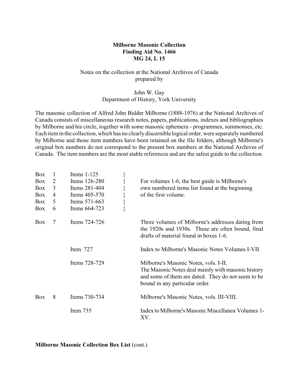 Milborne Masonic Collection Finding Aid No. 1466 MG 24, L 15 Notes On