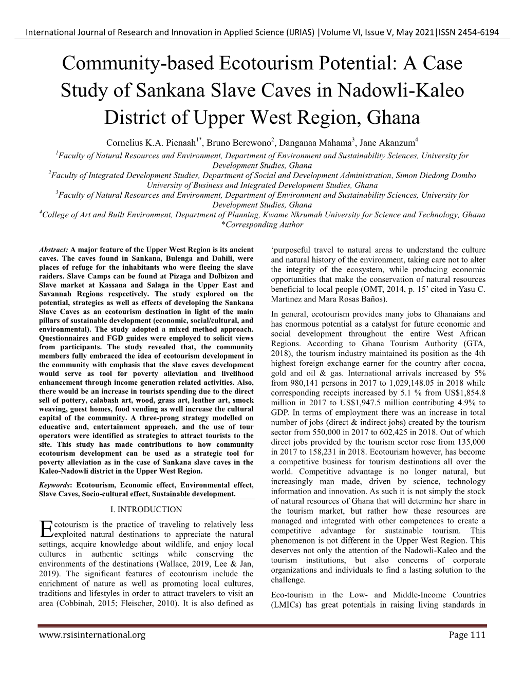 Community-Based Ecotourism Potential: a Case Study of Sankana Slave Caves in Nadowli-Kaleo