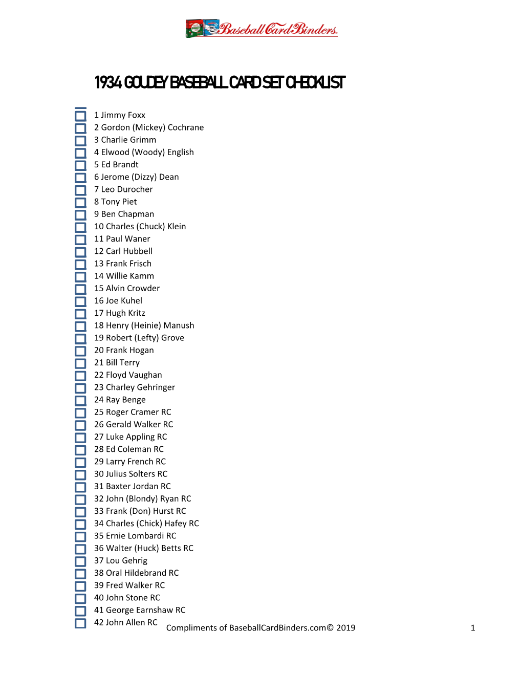 1934 Goudey Baseball Card Set Checklist