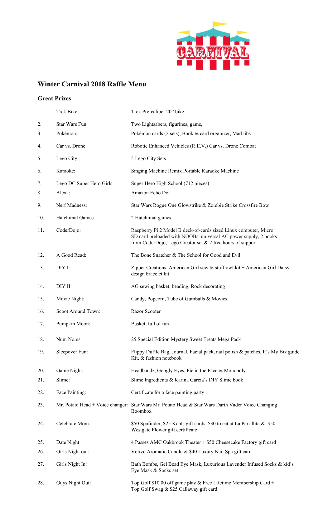 Winter Carnival 2018 Raffle Menu
