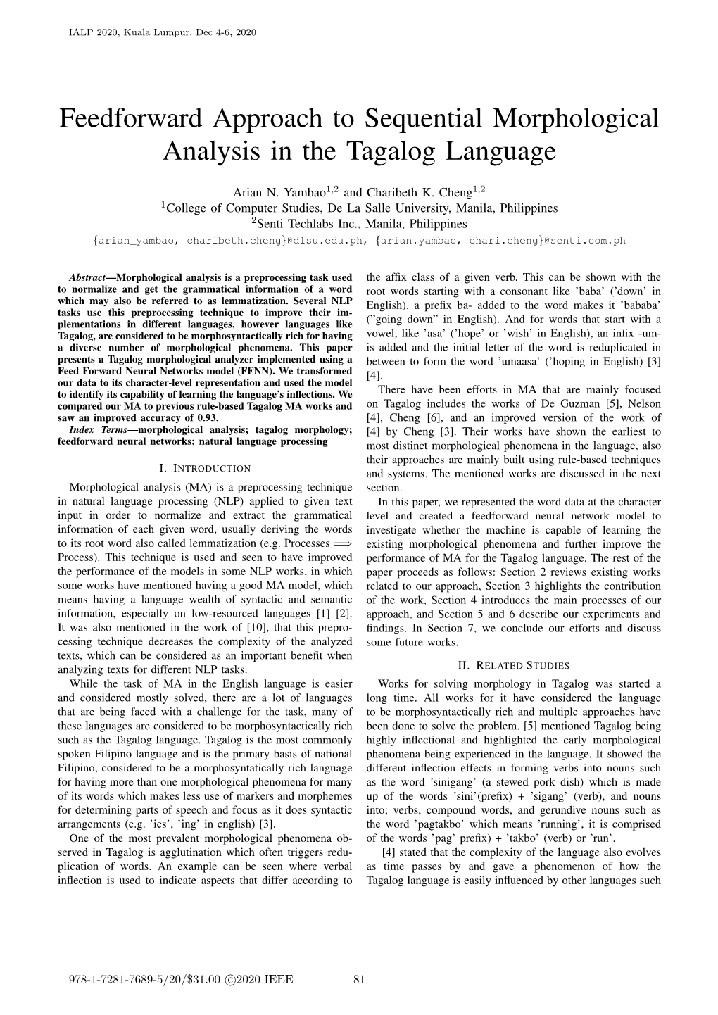 Feedforward Approach to Sequential Morphological Analysis in the Tagalog Language