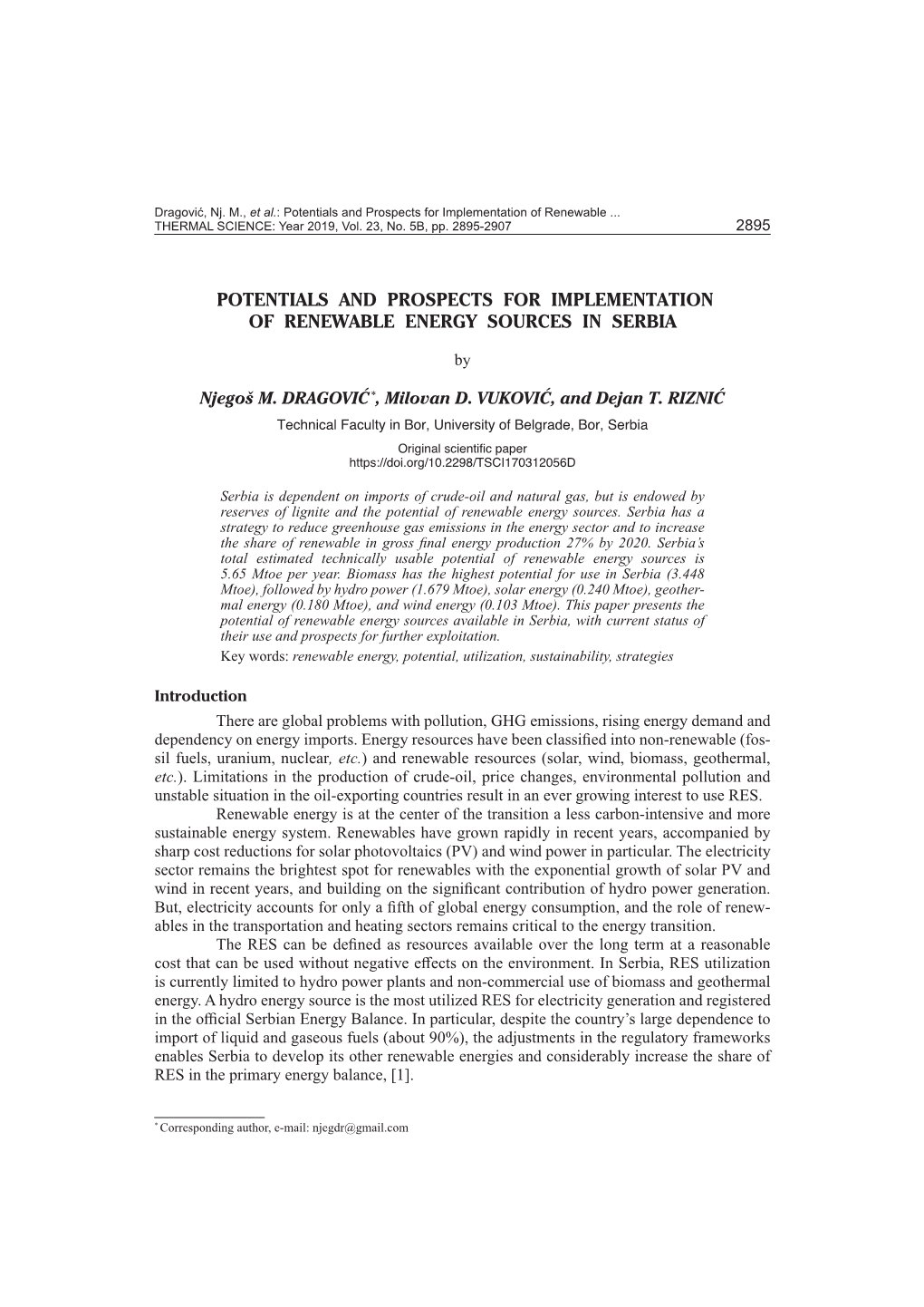 Potentials and Prospects for Implementation of Renewable Energy Sources in Serbia