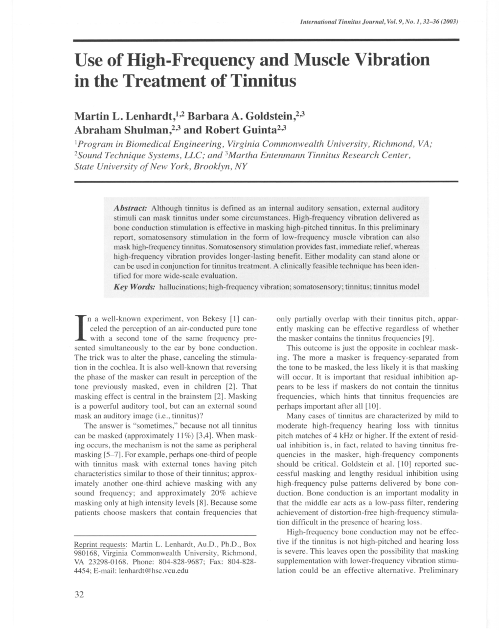 Use of High-Frequency and Muscle Vibration in the Treatment of Tinnitus