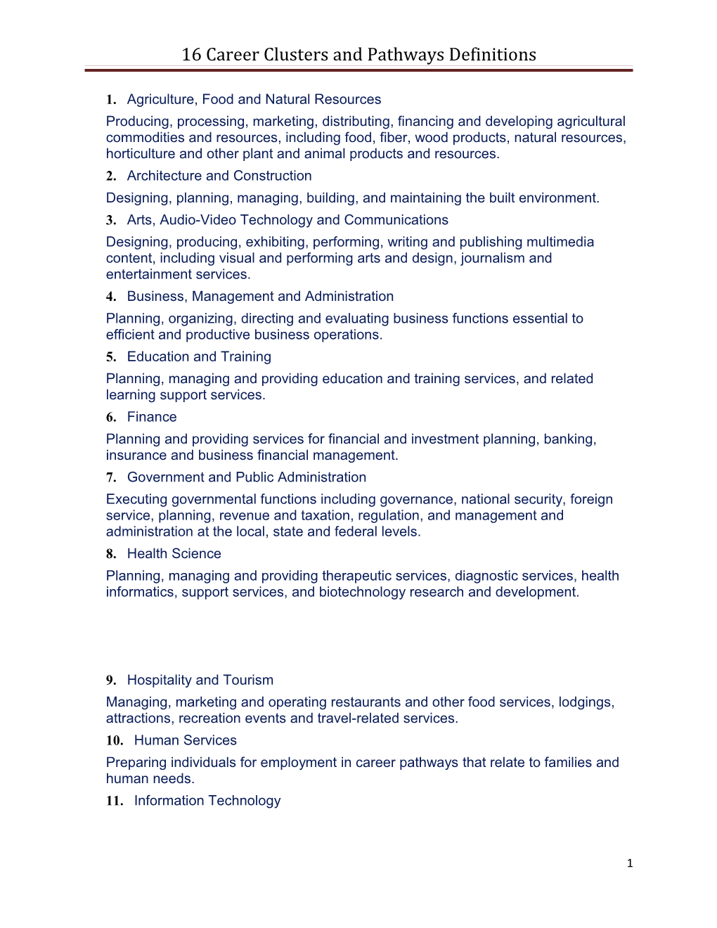 16 Career Clusters And Pathways Definitions