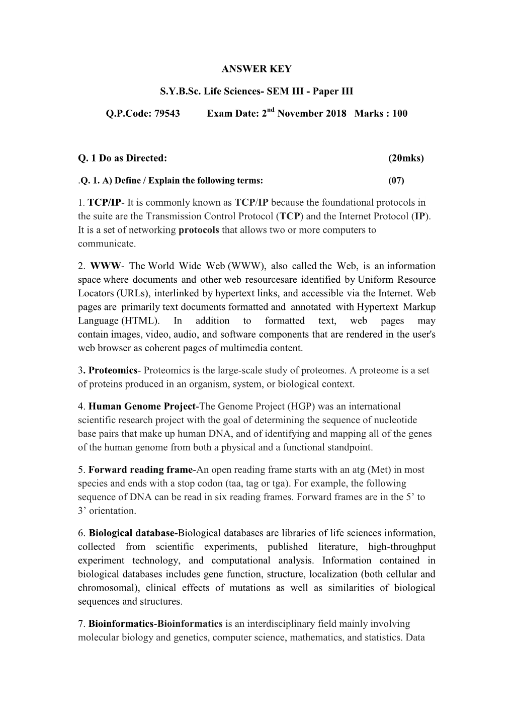 ANSWER KEY Sybsc. Life Sciences- SEM