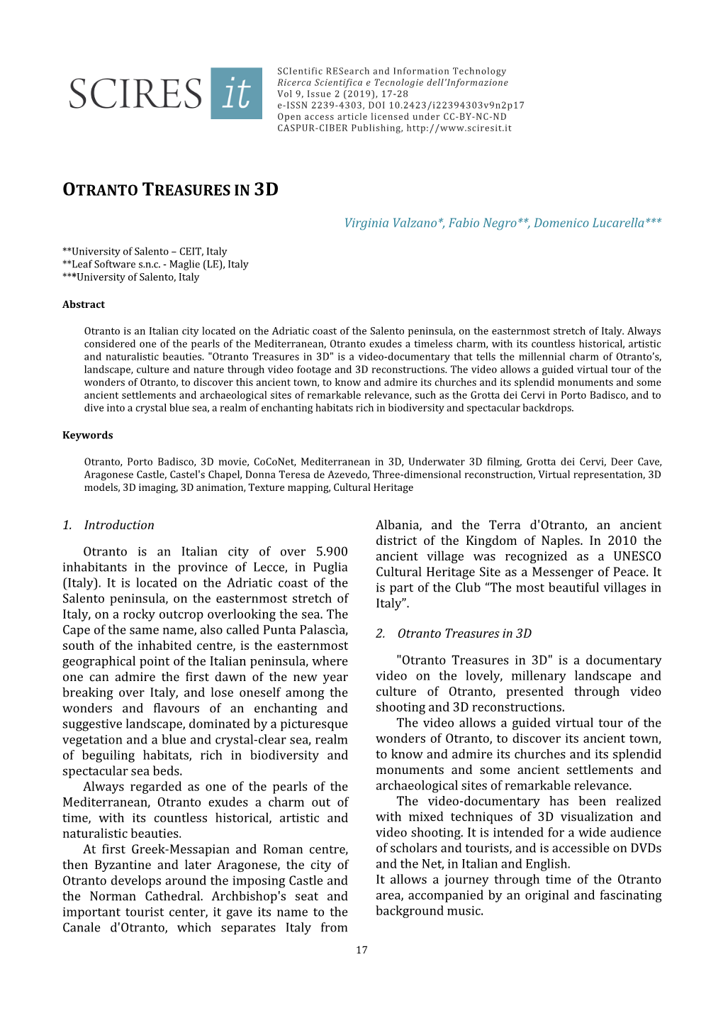 SCIRES-IT, 9(2), Paper3 Valzano, Negro & Lucarella Otranto