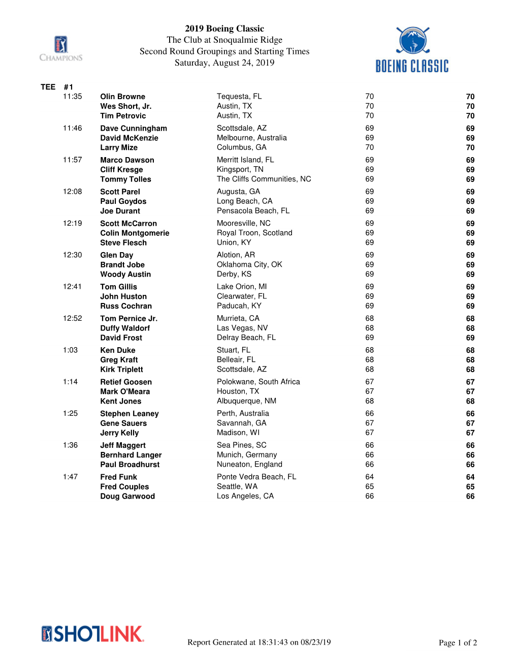 2019 Boeing Classic the Club at Snoqualmie Ridge Second Round Groupings and Starting Times Saturday, August 24, 2019