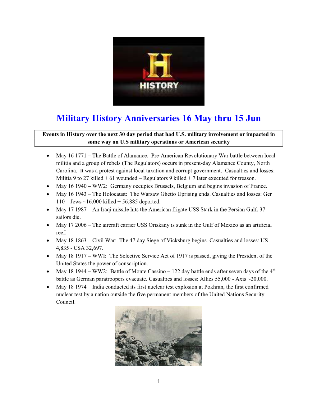 Military History Anniversaries 16 May Thru 15 Jun