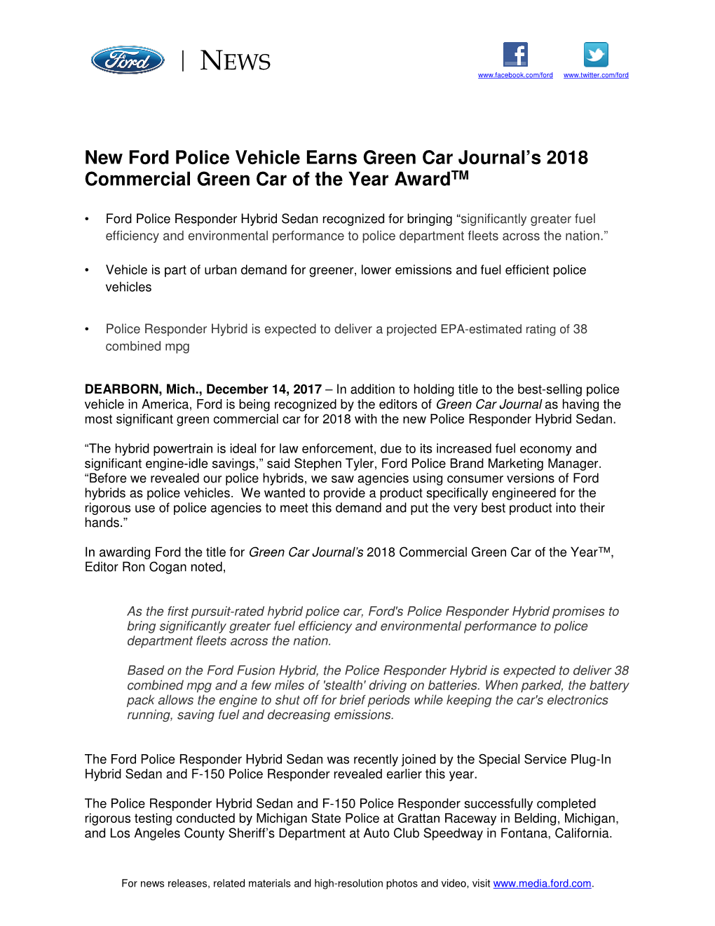 New Ford Police Vehicle Earns Green Car Journal's 2018 Commercial