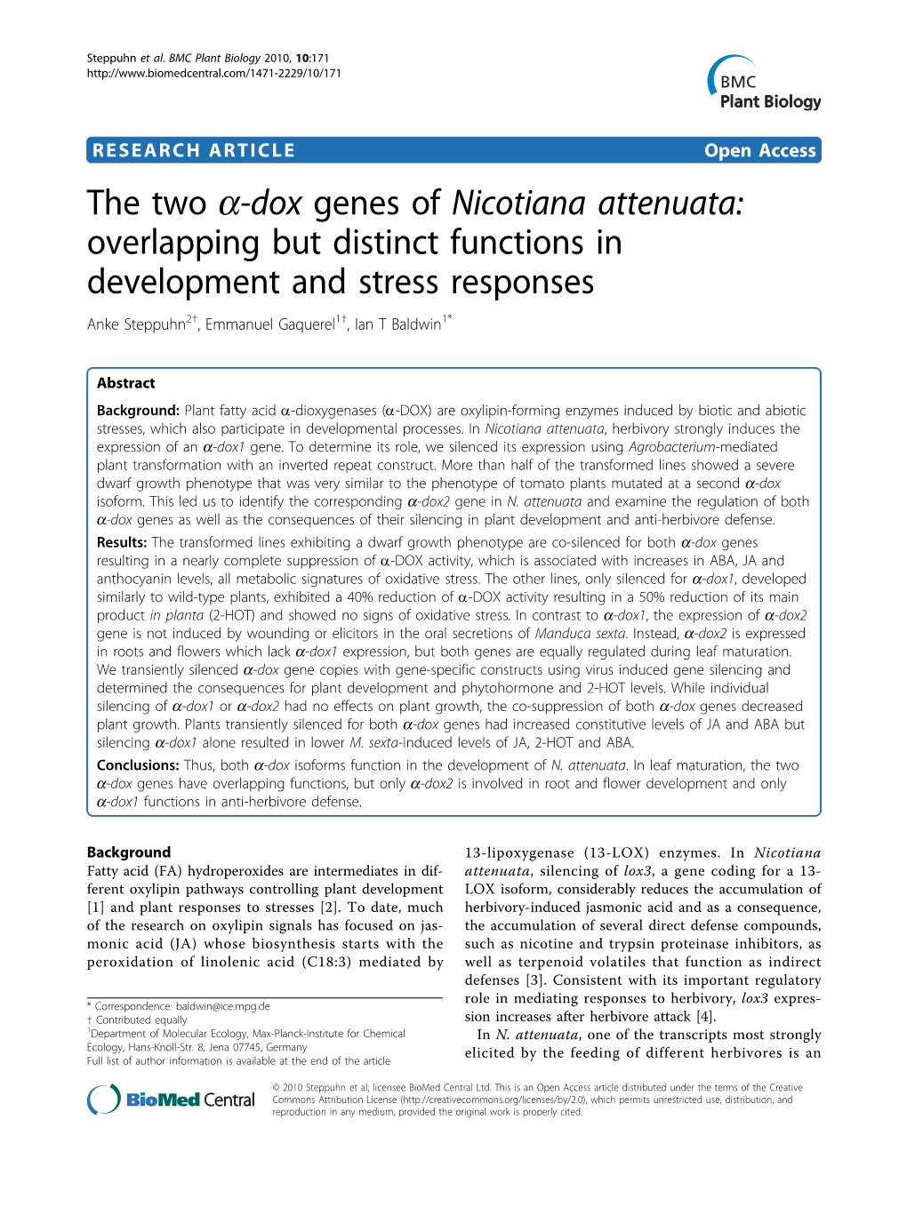 The Two A-Dox Genes of Nicotiana Attenuata: Overlapping but Distinct Functions in Development and Stress Responses