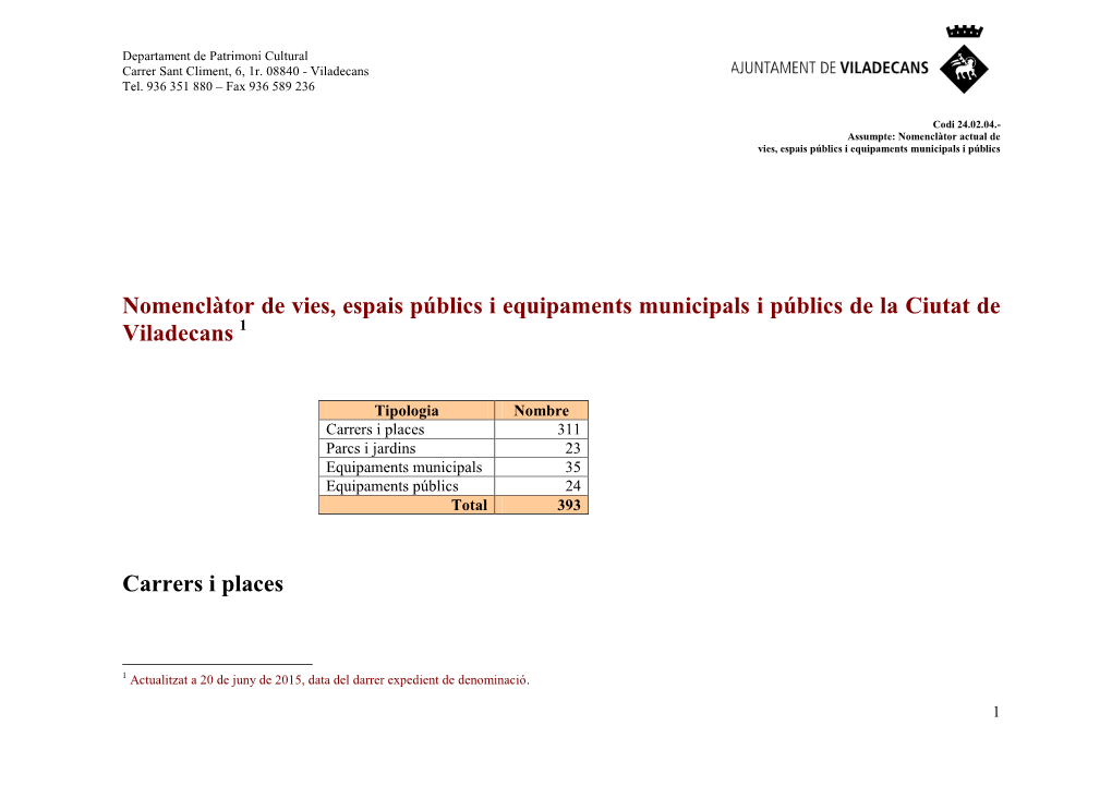 Nomenclàtor De Vies, Espais Públics I Equipaments Municipals I Públics De La Ciutat De Viladecans 1