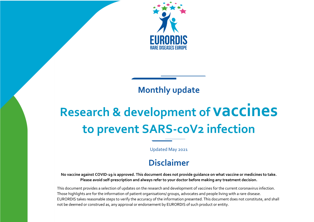 Research & Development of Vaccines to Prevent SARS-Cov2 Infection
