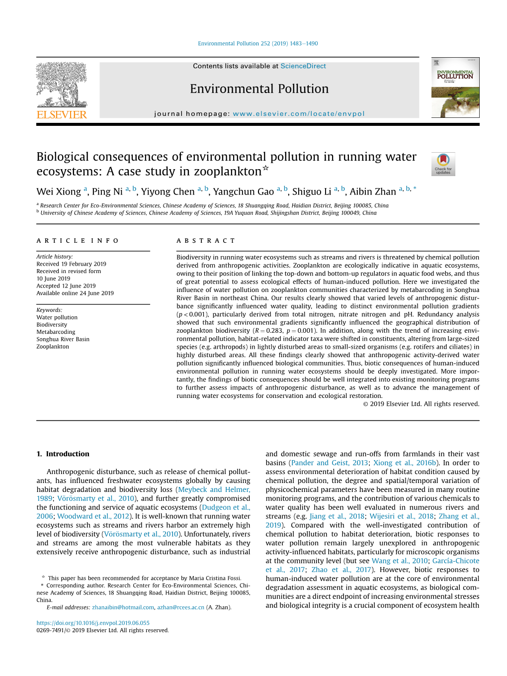 Biological Consequences of Environmental Pollution in Running Water Ecosystems: a Case Study in Zooplankton*