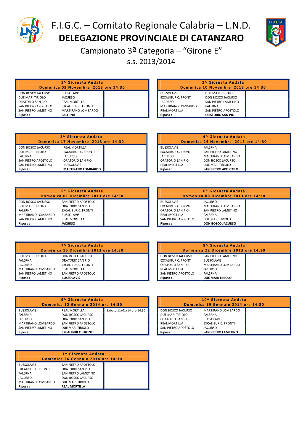 Calendario Terza Categoria Calabria 2013-2014 GIRONE E