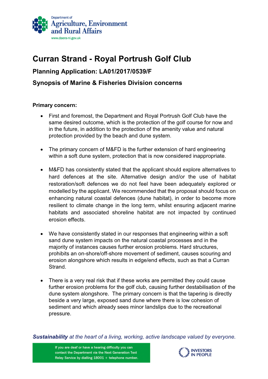 Royal Portrush Golf Club Planning Application: LA01/2017/0539/F Synopsis of Marine & Fisheries Division Concerns