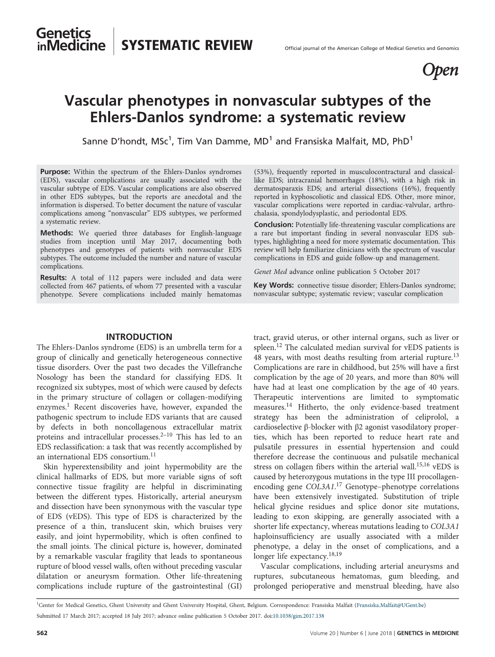 Vascular Phenotypes in Nonvascular Subtypes of the Ehlers-Danlos Syndrome: a Systematic Review