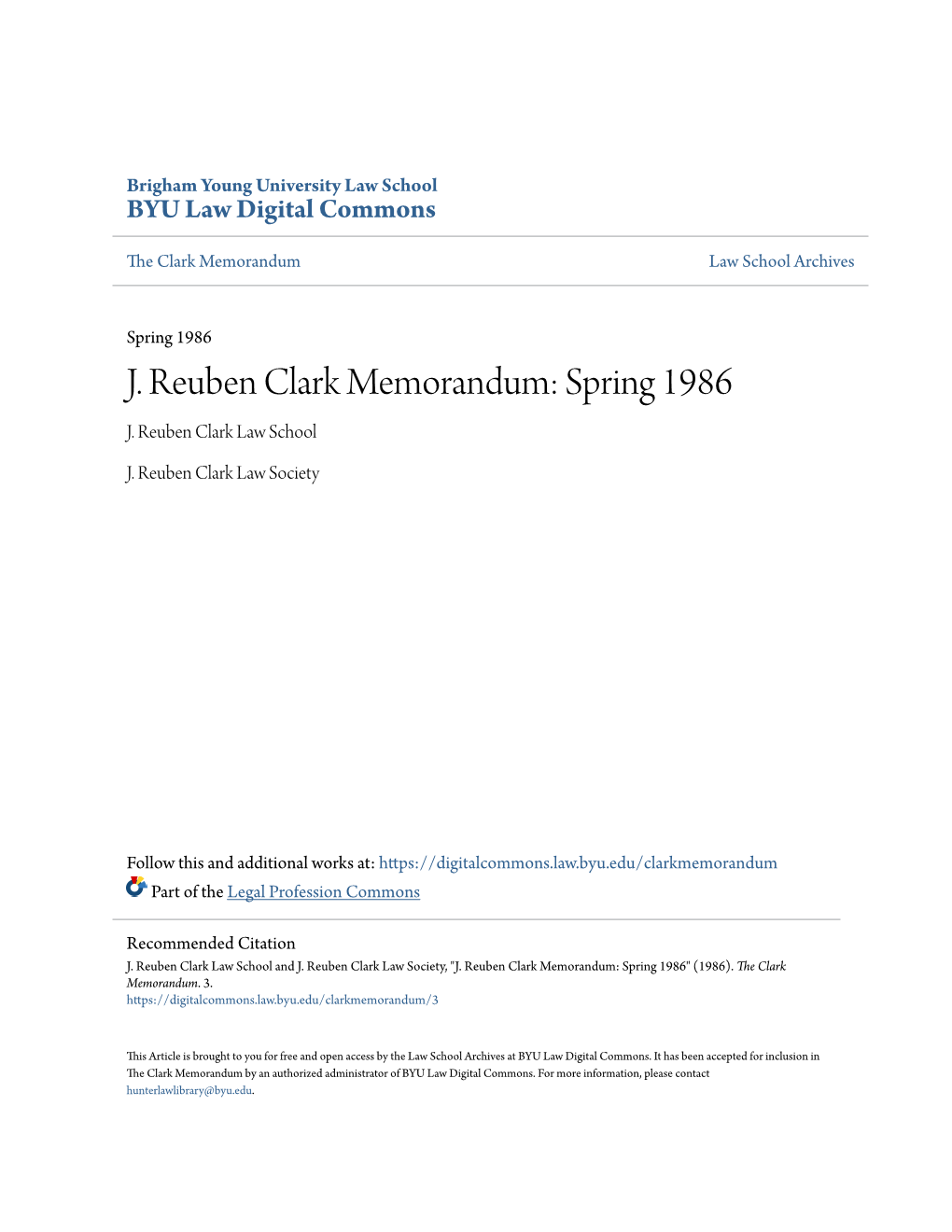 J. Reuben Clark Memorandum: Spring 1986 J