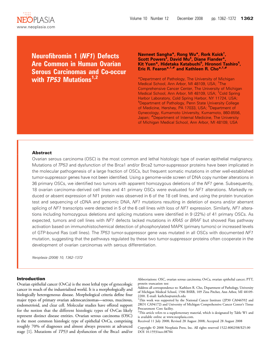 (NF1) Defects Are Common in Human Ovarian Serous Carcinomas and Co-Occur with TP53 Mutations