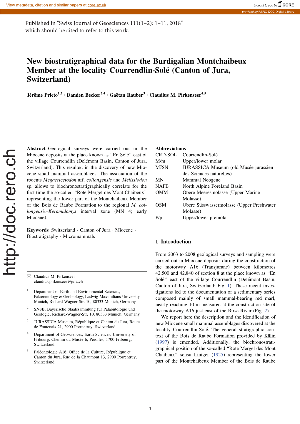 New Biostratigraphical Data for the Burdigalian Montchaibeux Member at the Locality Courrendlin-Solé (Canton of Jura, Switzerla