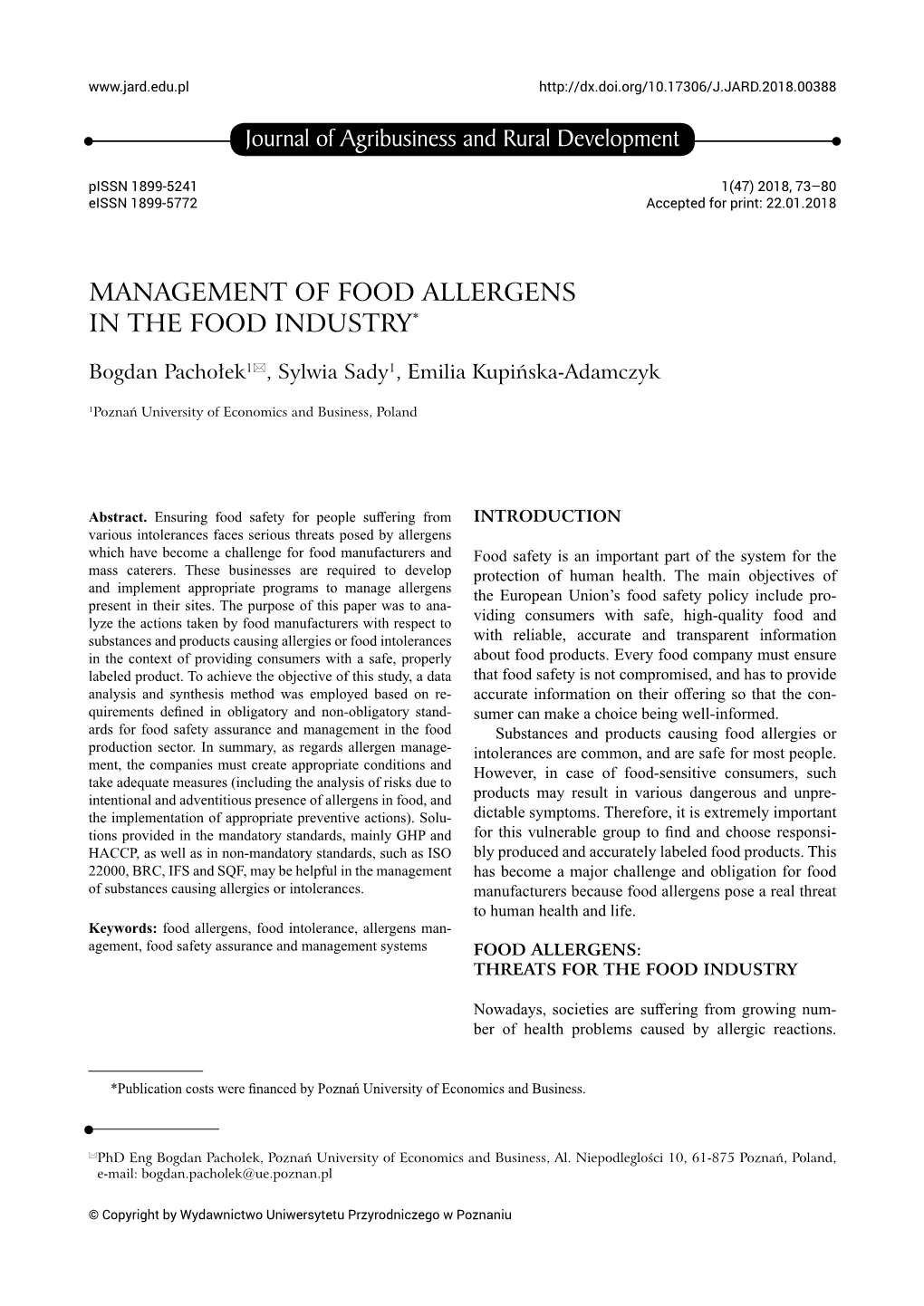 Journal of Agribusiness and Rural Development MANAGEMENT of FOOD ALLERGENS in the FOOD INDUSTRY*