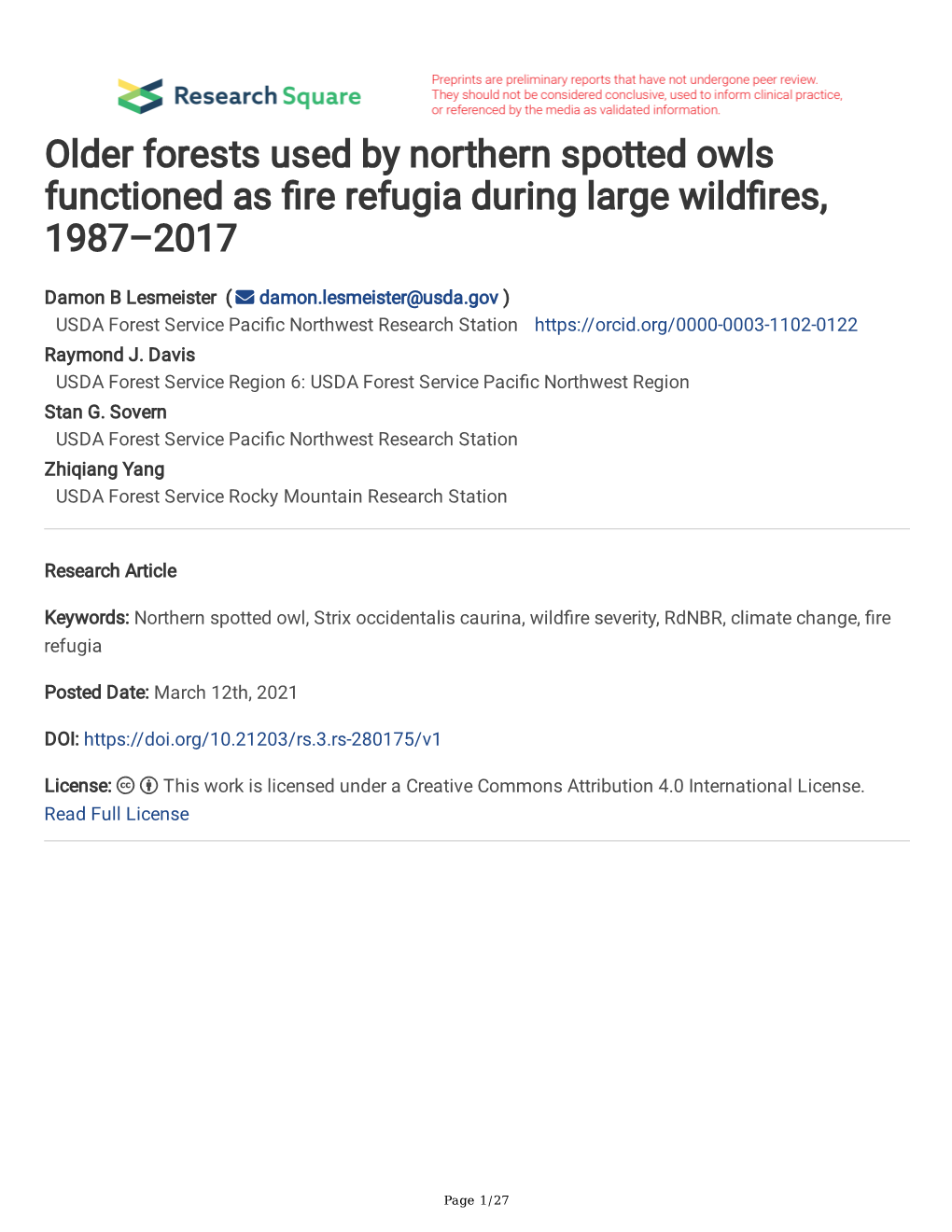 Older Forests Used by Northern Spotted Owls Functioned As Re Refugia