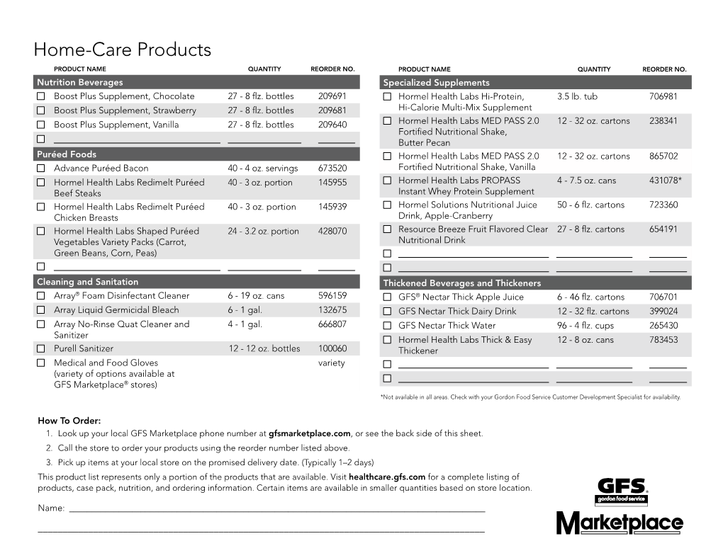 Home-Care Products Product Name Quantity Reorder No