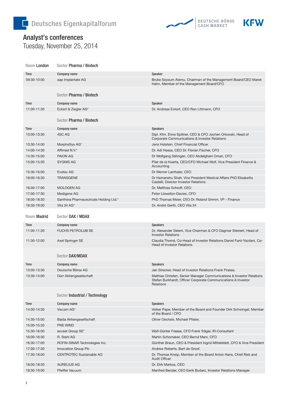 Analyst's Conferences Tuesday, November 25, 2014