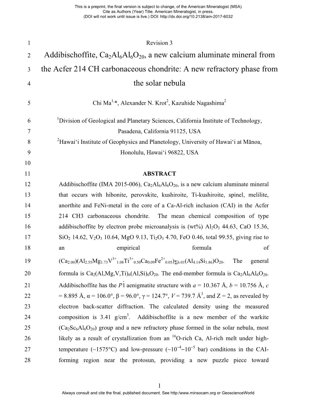 Addibischoffite, Ca2al6al6o20, a New Calcium Aluminate Mineral from The