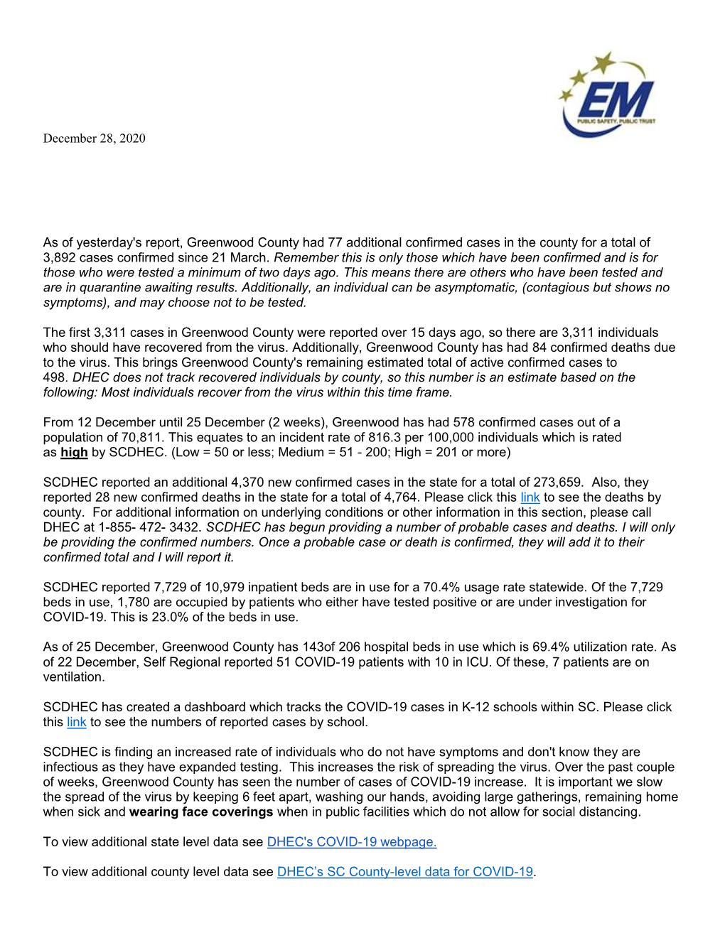 December 28, 2020 As of Yesterday's Report, Greenwood County Had 77