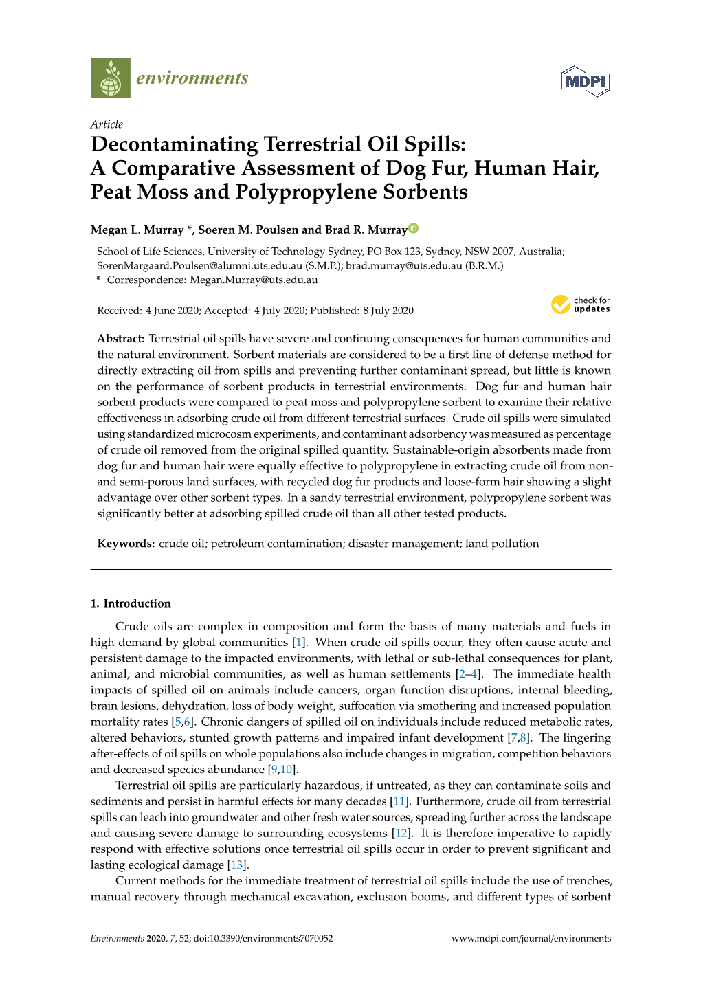 Decontaminating Terrestrial Oil Spills: a Comparative Assessment of Dog Fur, Human Hair, Peat Moss and Polypropylene Sorbents