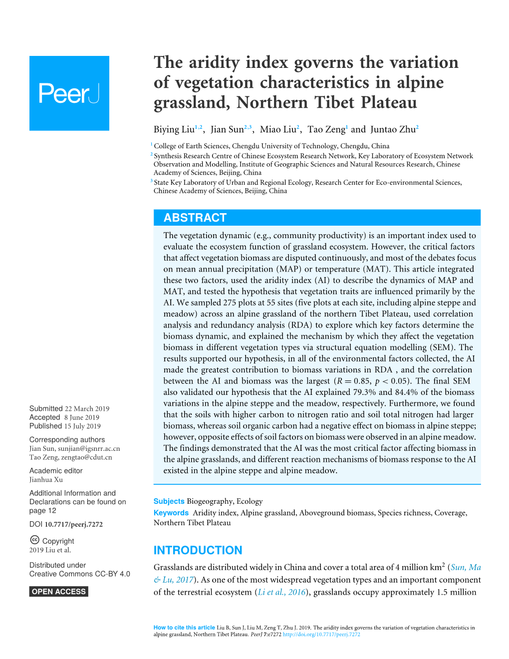 The Aridity Index Governs the Variation of Vegetation Characteristics in Alpine Grassland, Northern Tibet Plateau