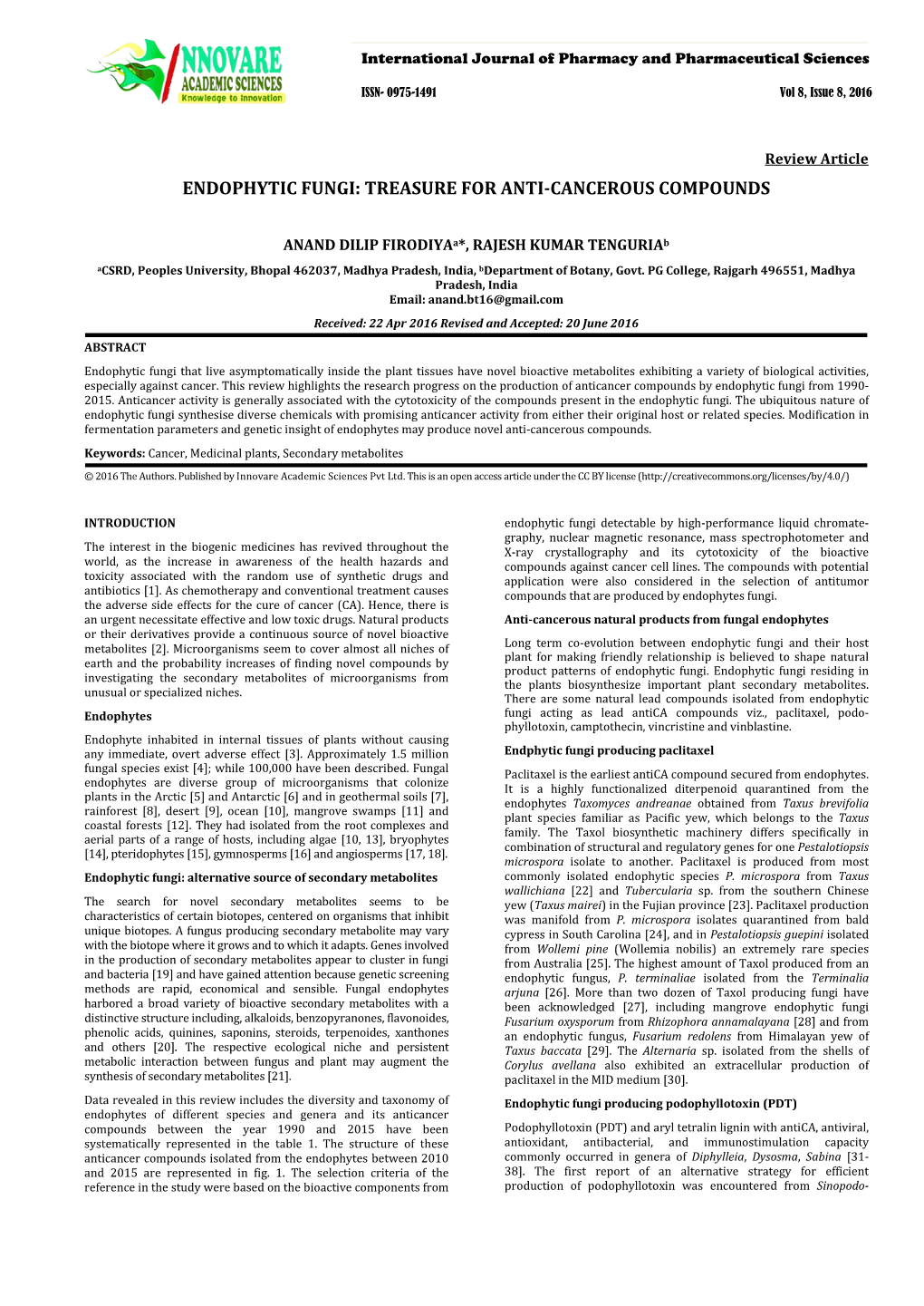 Endophytic Fungi: Treasure for Anti-Cancerous Compounds