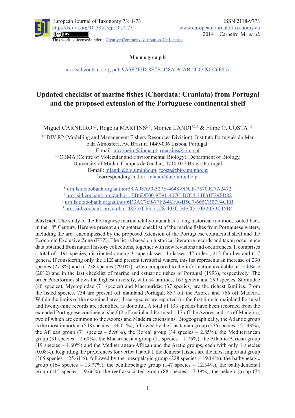 Updated Checklist of Marine Fishes (Chordata: Craniata) from Portugal and the Proposed Extension of the Portuguese Continental Shelf