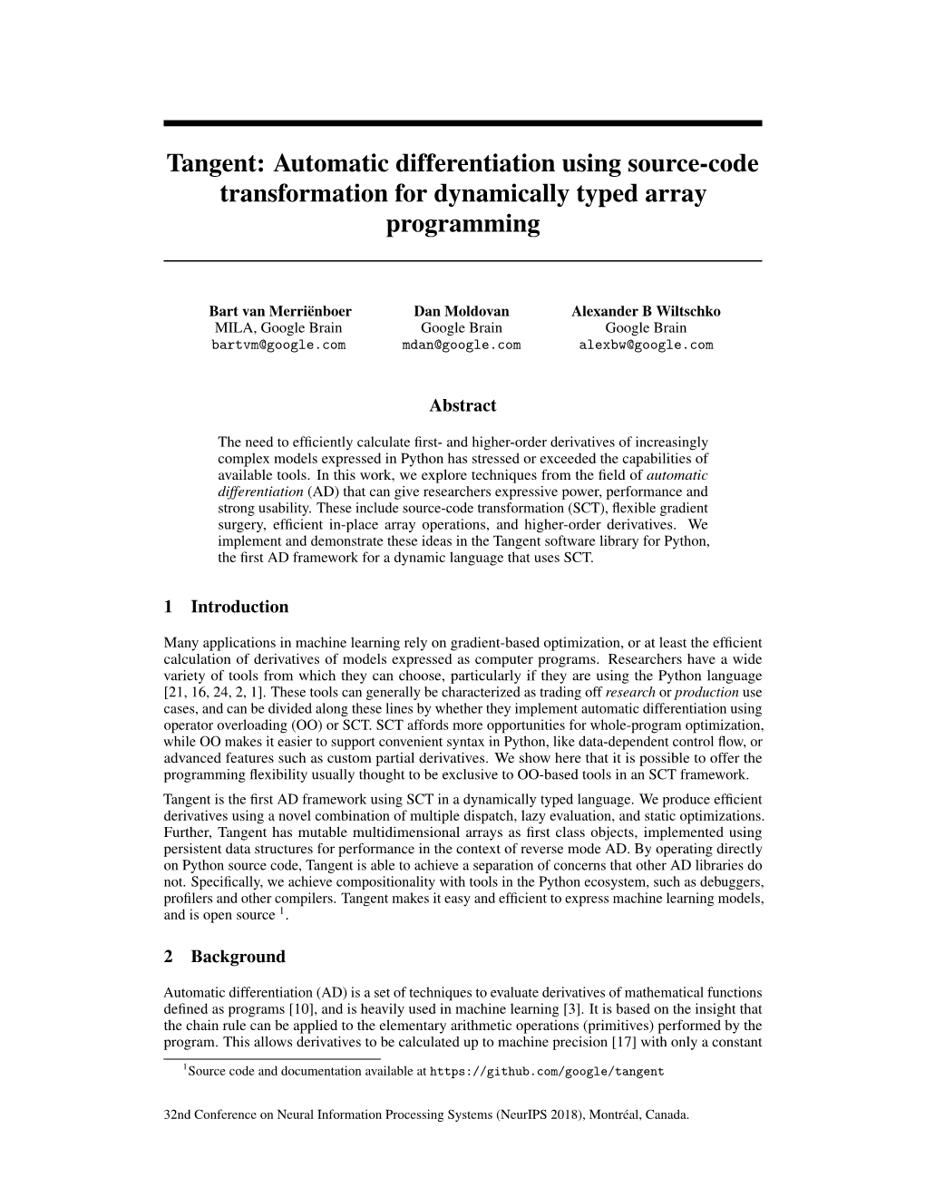 Tangent: Automatic Differentiation Using Source-Code Transformation for Dynamically Typed Array Programming