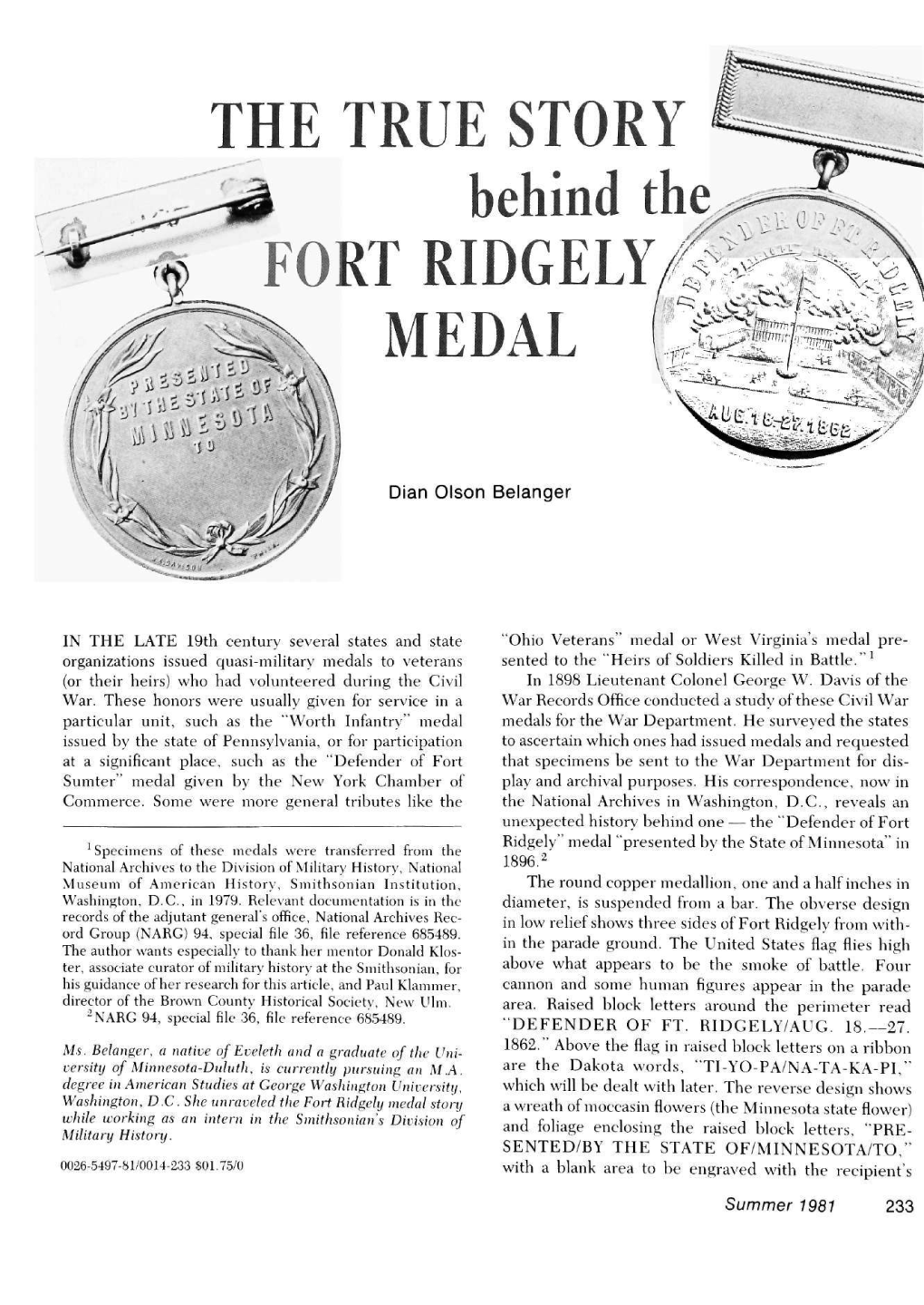 The True Story Behind the Fort Ridgely Medal / Dian Olson Belanger