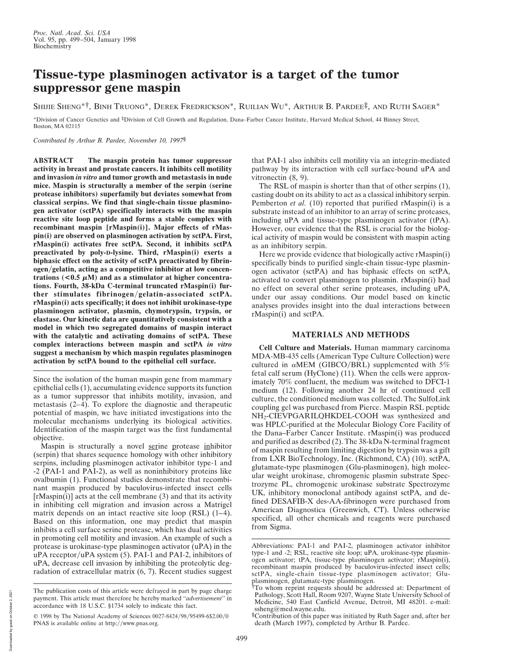 Tissue-Type Plasminogen Activator Is a Target of the Tumor Suppressor Gene Maspin