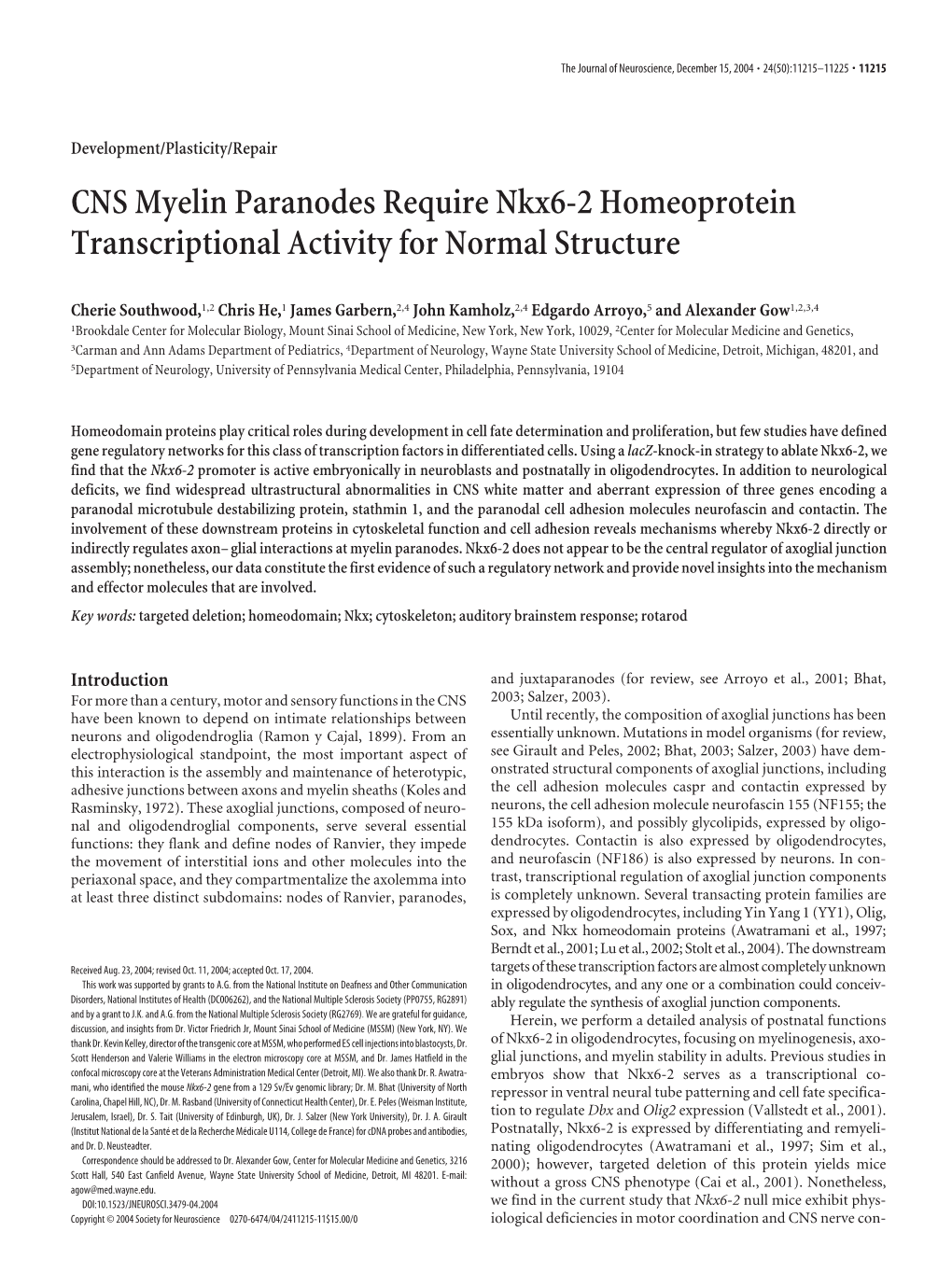 CNS Myelin Paranodes Require Nkx6-2 Homeoprotein Transcriptional Activity for Normal Structure