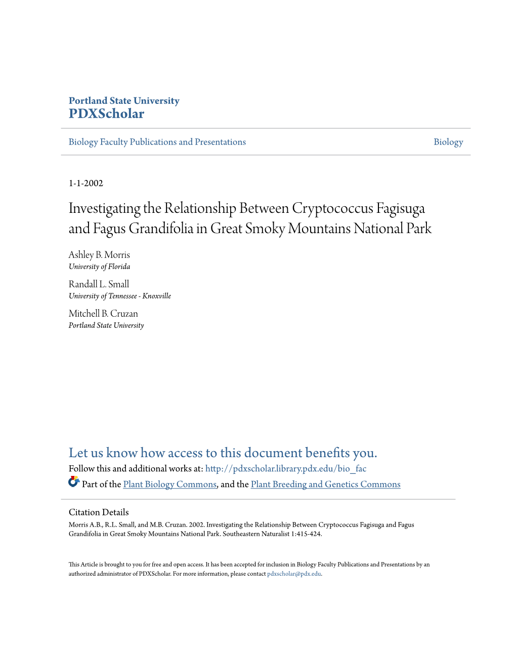 Investigating the Relationship Between Cryptococcus Fagisuga and Fagus Grandifolia in Great Smoky Mountains National Park