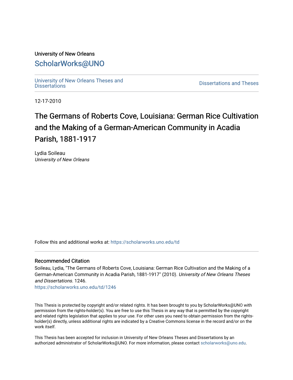 The Germans of Roberts Cove, Louisiana: German Rice Cultivation and the Making of a German-American Community in Acadia Parish, 1881-1917